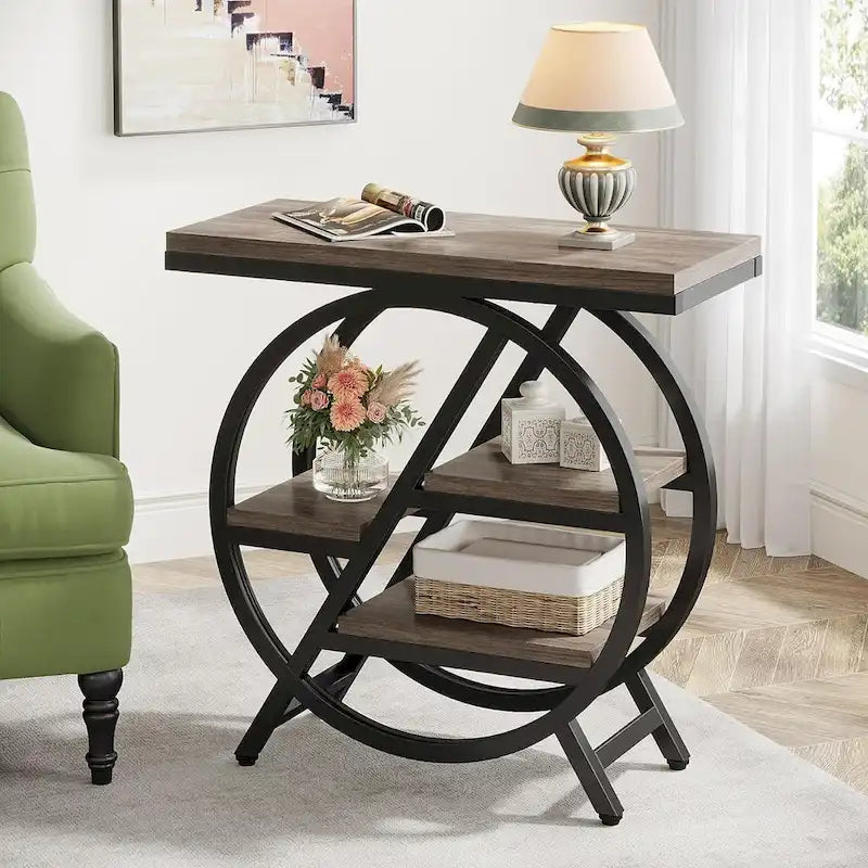 Table d'appoint étroite à 3 niveaux avec structure en métal industriel