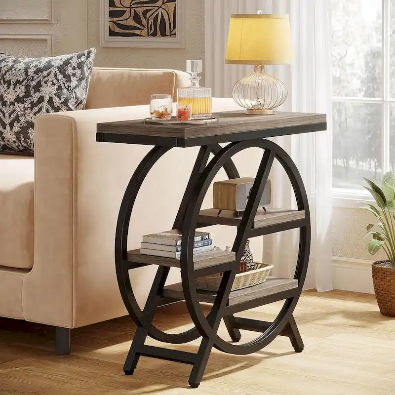 Table d'appoint étroite à 3 niveaux avec structure en métal industriel