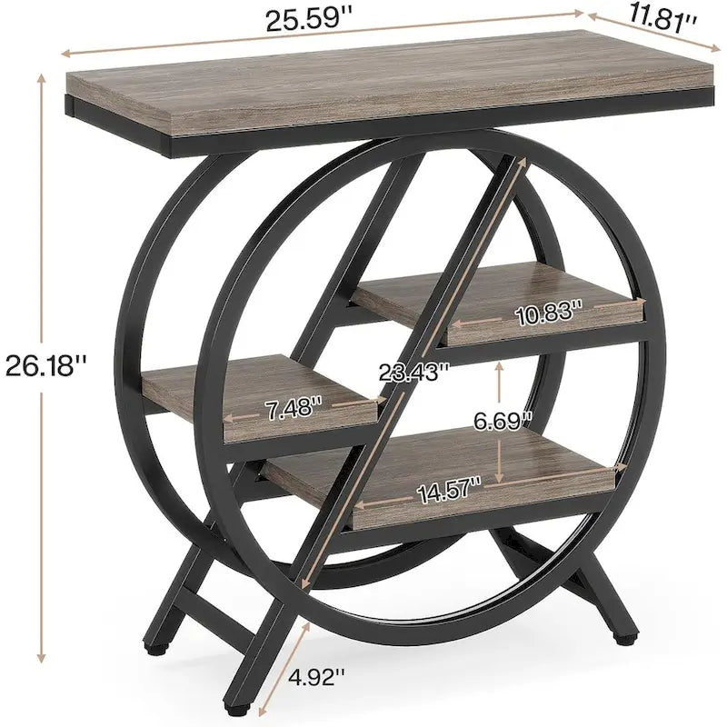 Table d'appoint étroite à 3 niveaux avec structure en métal industriel