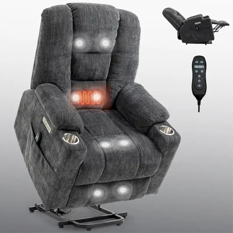 Aufstehsessel mit elektrischer Aufstehhilfe, Massage, Wärme, USB-Ladefunktion und Getränkehaltern