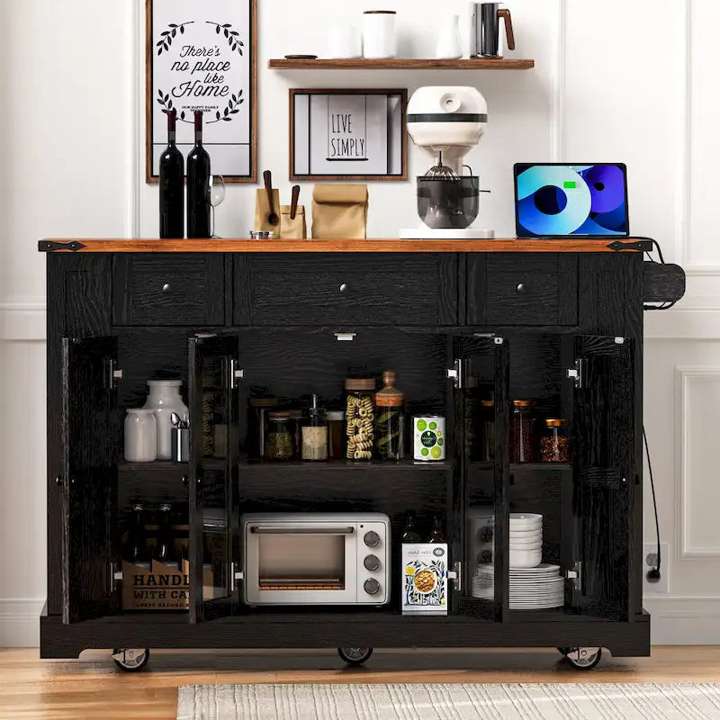 Farmhouse Kitchen Island Cart with Drop Leaf, Tempered Glass Doors & Power Outlet