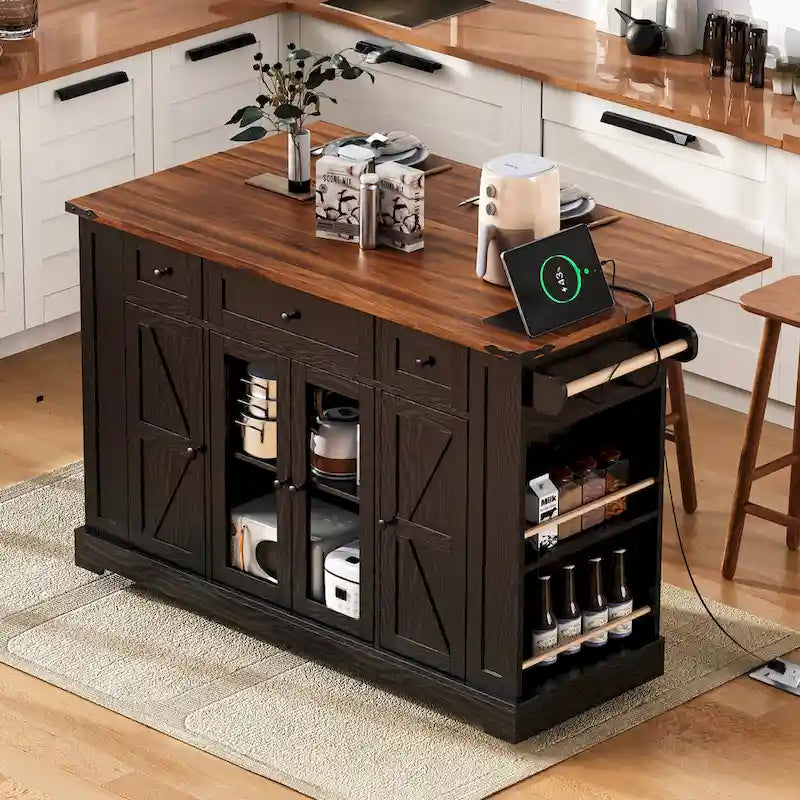Farmhouse Kitchen Island Cart with Drop Leaf, Tempered Glass Doors & Power Outlet