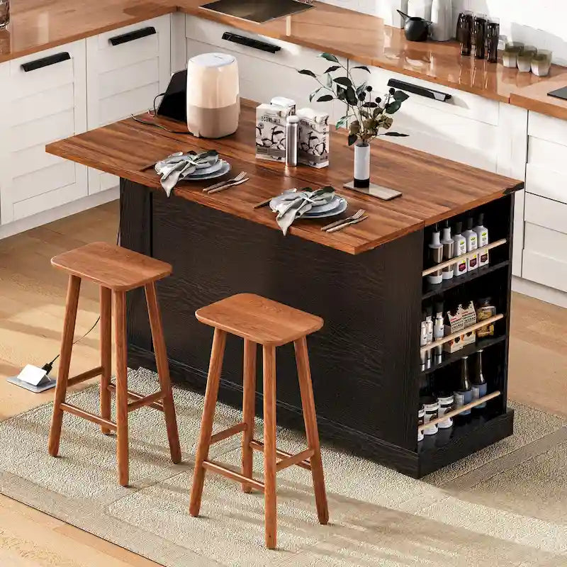 Farmhouse Kitchen Island Cart with Drop Leaf, Tempered Glass Doors & Power Outlet
