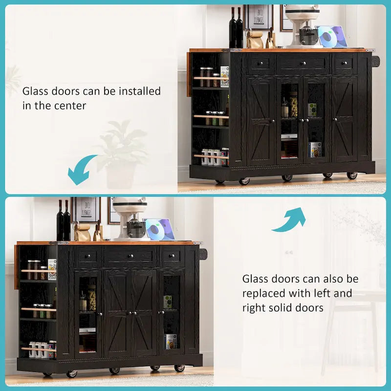 Farmhouse Kitchen Island Cart with Drop Leaf, Tempered Glass Doors & Power Outlet