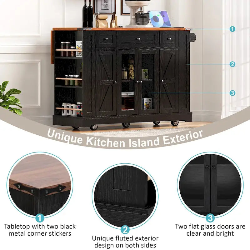 Farmhouse Kitchen Island Cart with Drop Leaf, Tempered Glass Doors & Power Outlet
