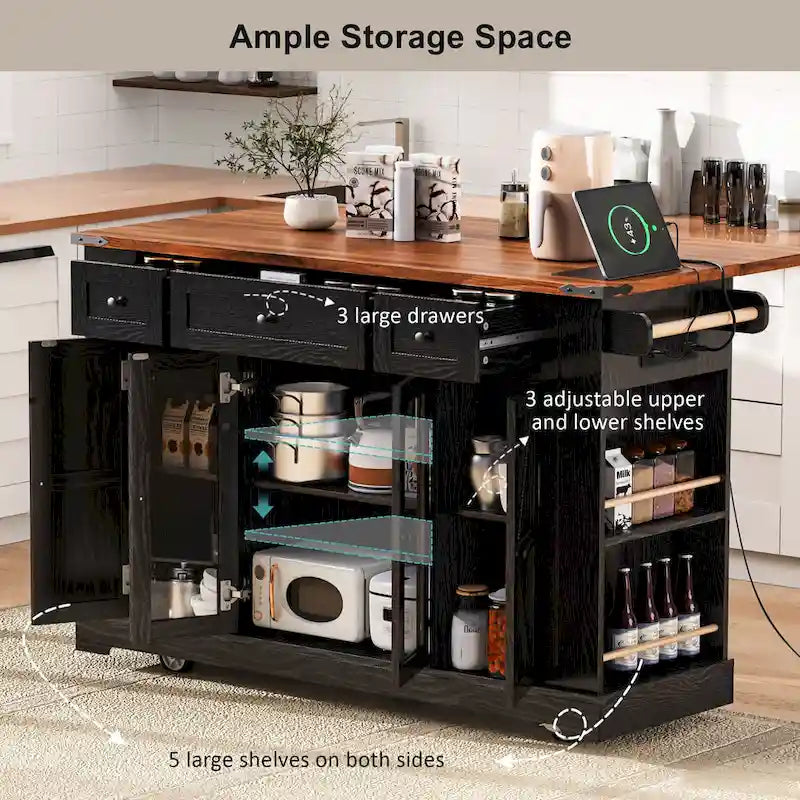 Farmhouse Kitchen Island Cart with Drop Leaf, Tempered Glass Doors & Power Outlet
