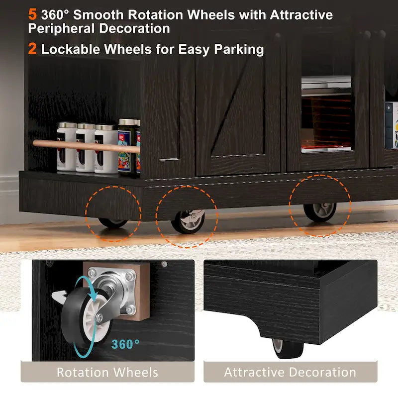 Farmhouse Kitchen Island Cart with Drop Leaf, Tempered Glass Doors & Power Outlet