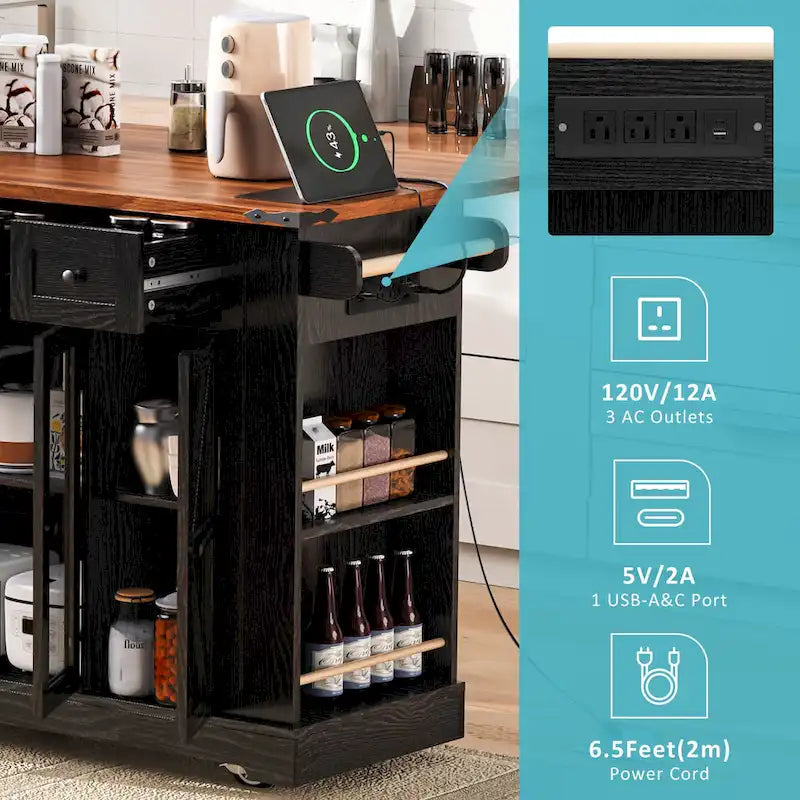 Farmhouse Kitchen Island Cart with Drop Leaf, Tempered Glass Doors & Power Outlet