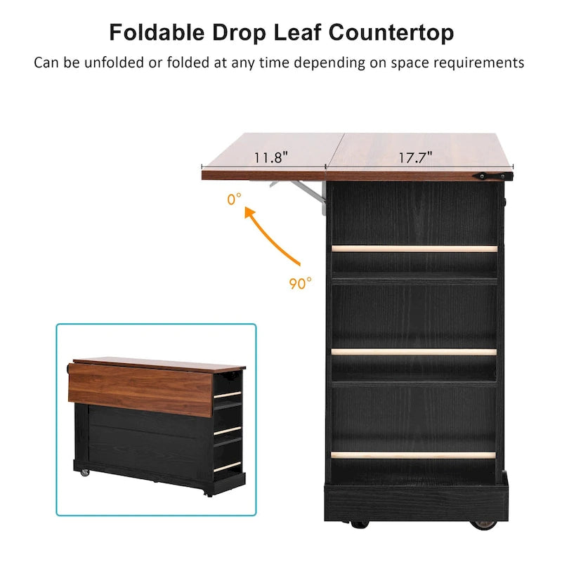 Farmhouse Kitchen Island Cart with Drop Leaf, Tempered Glass Doors & Power Outlet