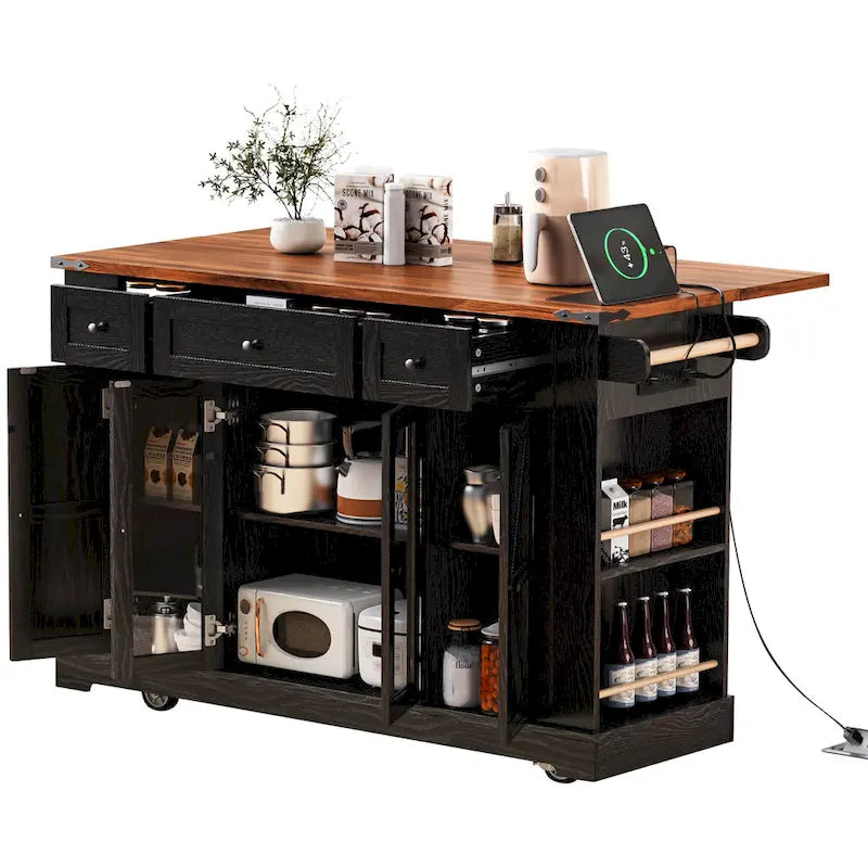 Farmhouse Kitchen Island Cart with Drop Leaf, Tempered Glass Doors & Power Outlet