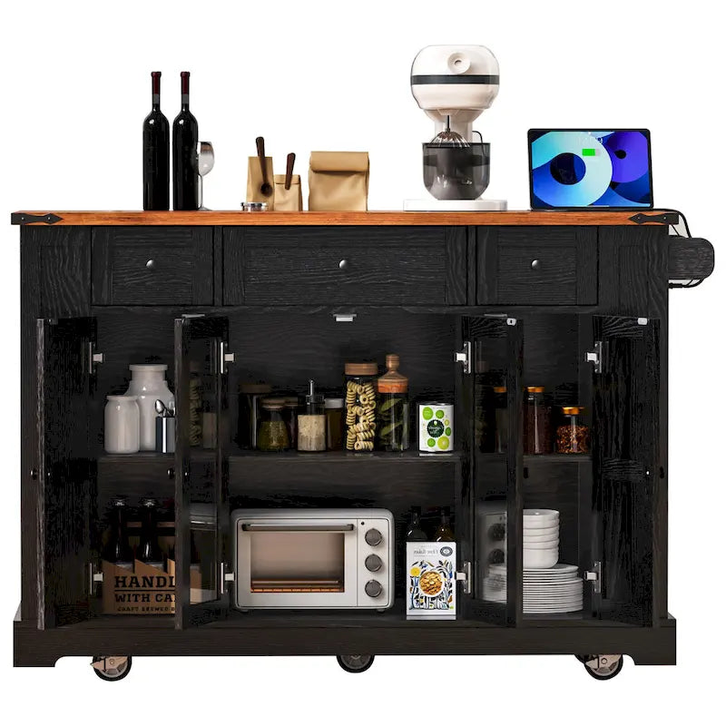 Farmhouse Kitchen Island Cart with Drop Leaf, Tempered Glass Doors & Power Outlet