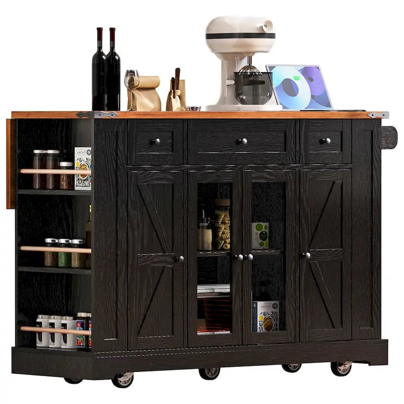 Farmhouse Kitchen Island Cart with Drop Leaf, Tempered Glass Doors & Power Outlet