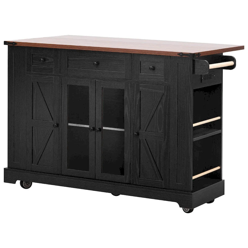 Farmhouse Kitchen Island Cart with Drop Leaf, Tempered Glass Doors & Power Outlet