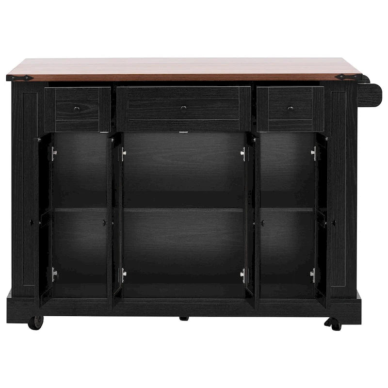 Farmhouse Kitchen Island Cart with Drop Leaf, Tempered Glass Doors & Power Outlet