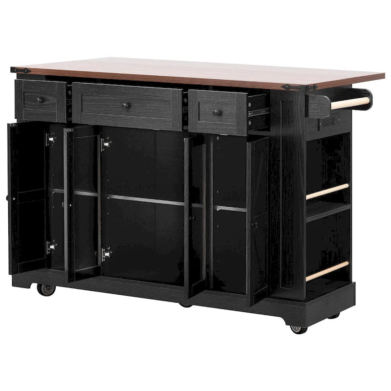 Farmhouse Kitchen Island Cart with Drop Leaf, Tempered Glass Doors & Power Outlet