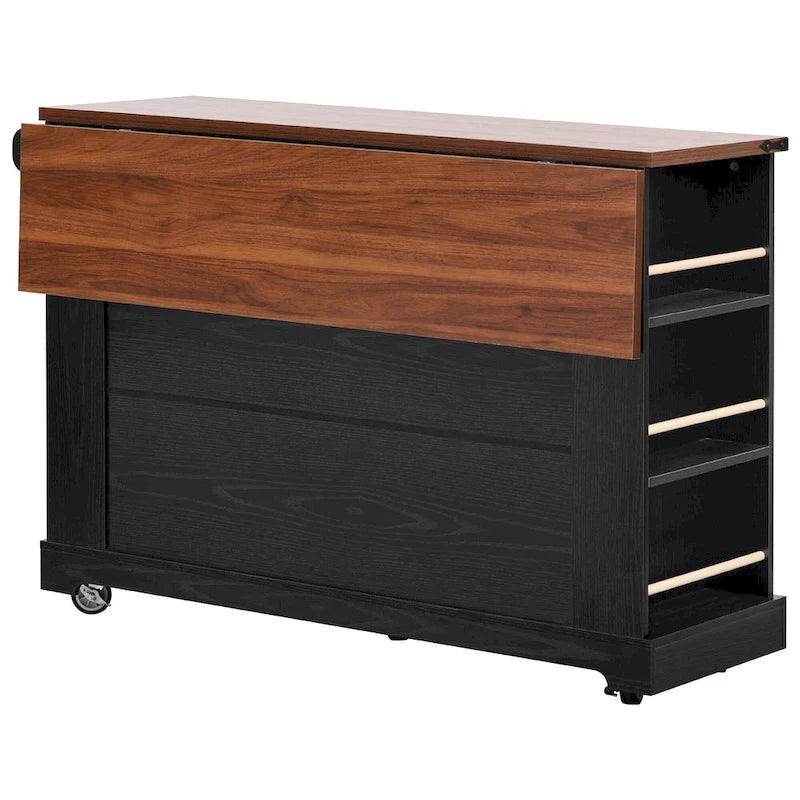 Farmhouse Kitchen Island Cart with Drop Leaf, Tempered Glass Doors & Power Outlet