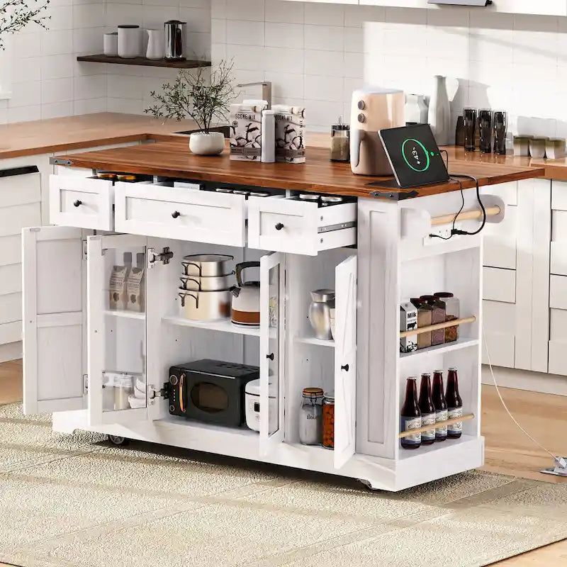 Farmhouse Kitchen Island Cart with Drop Leaf, Tempered Glass Doors & Power Outlet