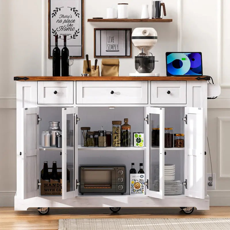 Farmhouse Kitchen Island Cart with Drop Leaf, Tempered Glass Doors & Power Outlet