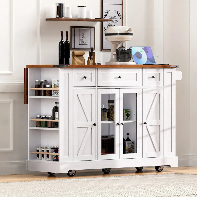Farmhouse Kitchen Island Cart with Drop Leaf, Tempered Glass Doors & Power Outlet