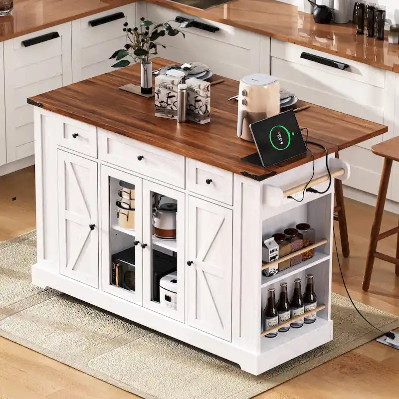 Farmhouse Kitchen Island Cart with Drop Leaf, Tempered Glass Doors & Power Outlet
