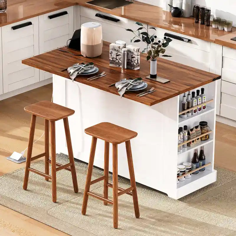 Farmhouse Kitchen Island Cart with Drop Leaf, Tempered Glass Doors & Power Outlet