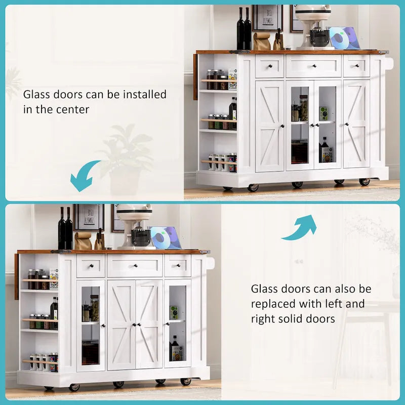 Farmhouse Kitchen Island Cart with Drop Leaf, Tempered Glass Doors & Power Outlet