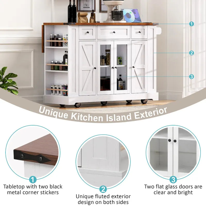 Farmhouse Kitchen Island Cart with Drop Leaf, Tempered Glass Doors & Power Outlet