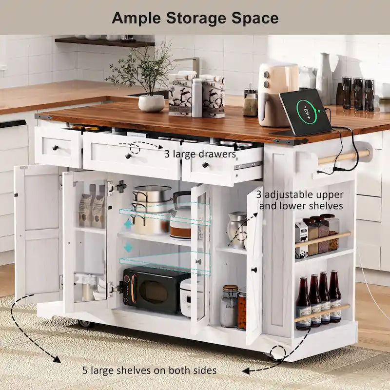 Farmhouse Kitchen Island Cart with Drop Leaf, Tempered Glass Doors & Power Outlet