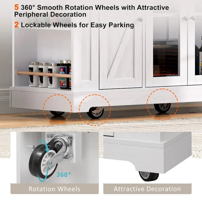 Farmhouse Kitchen Island Cart with Drop Leaf, Tempered Glass Doors & Power Outlet