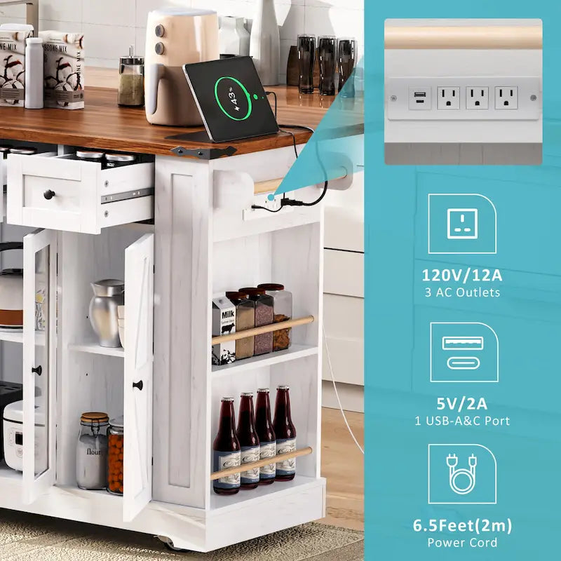 Farmhouse Kitchen Island Cart with Drop Leaf, Tempered Glass Doors & Power Outlet