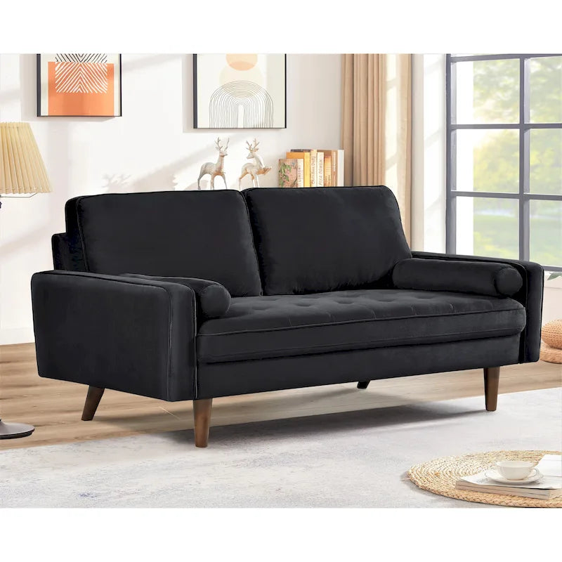 Loveseat im Mid-Century-Stil aus Samt mit Knopfheftung, Holzbeinen und Nackenrollen