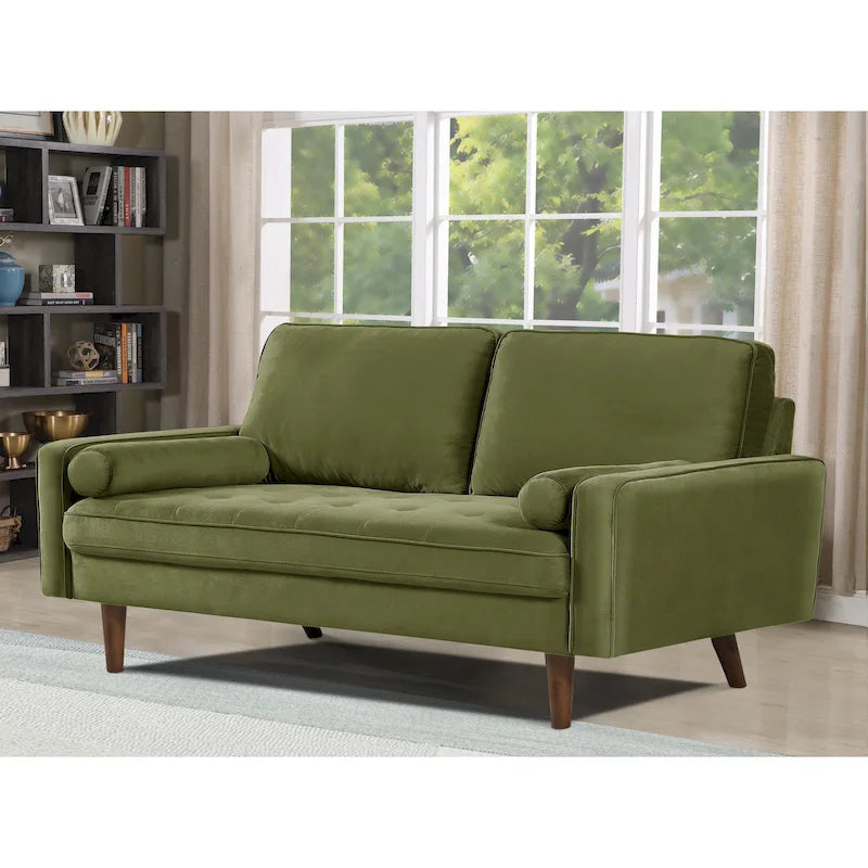 Mid-Century Velvet Tufted Loveseat with Wood Legs & Bolster Pillows
