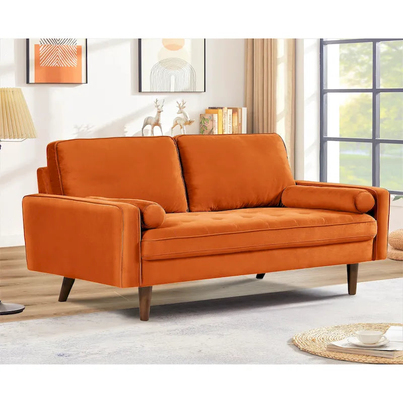 Mid-Century Velvet Tufted Loveseat with Wood Legs & Bolster Pillows