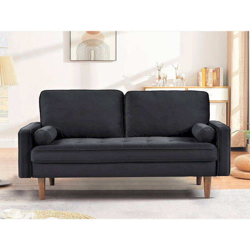 Loveseat im Mid-Century-Stil aus Samt mit Knopfheftung, Holzbeinen und Nackenrollen