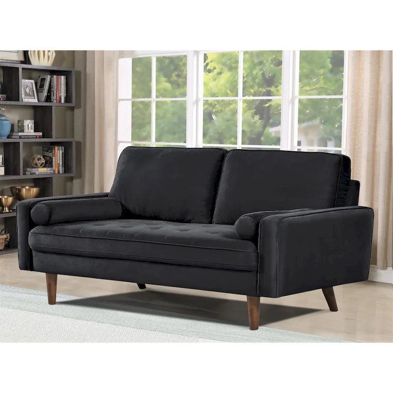 Loveseat im Mid-Century-Stil aus Samt mit Knopfheftung, Holzbeinen und Nackenrollen