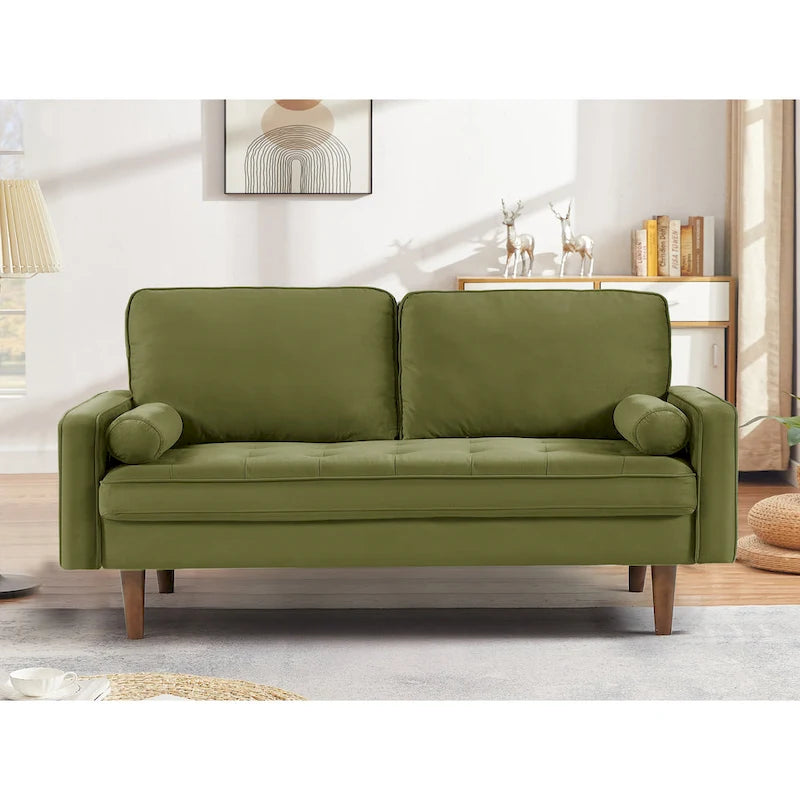 Loveseat im Mid-Century-Stil aus Samt mit Knopfheftung, Holzbeinen und Nackenrollen