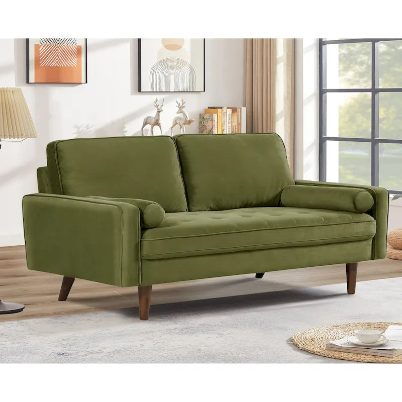 Loveseat im Mid-Century-Stil aus Samt mit Knopfheftung, Holzbeinen und Nackenrollen
