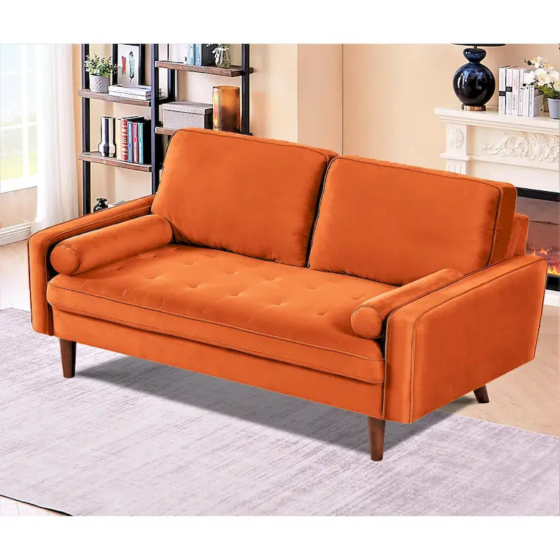 Loveseat im Mid-Century-Stil aus Samt mit Knopfheftung, Holzbeinen und Nackenrollen
