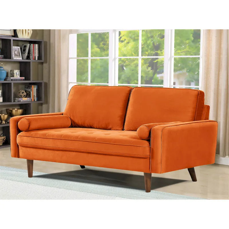 Loveseat im Mid-Century-Stil aus Samt mit Knopfheftung, Holzbeinen und Nackenrollen