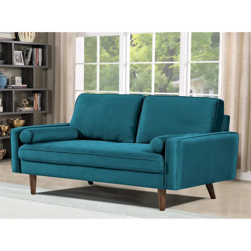 Loveseat im Mid-Century-Stil aus Samt mit Knopfheftung, Holzbeinen und Nackenrollen
