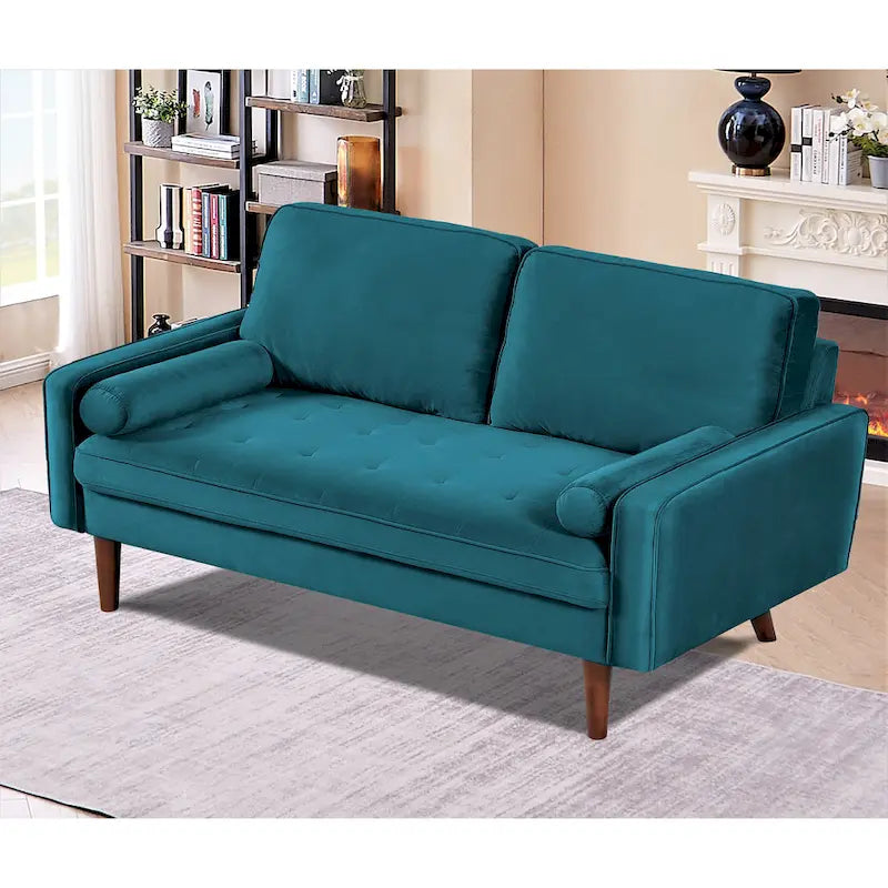 Loveseat im Mid-Century-Stil aus Samt mit Knopfheftung, Holzbeinen und Nackenrollen