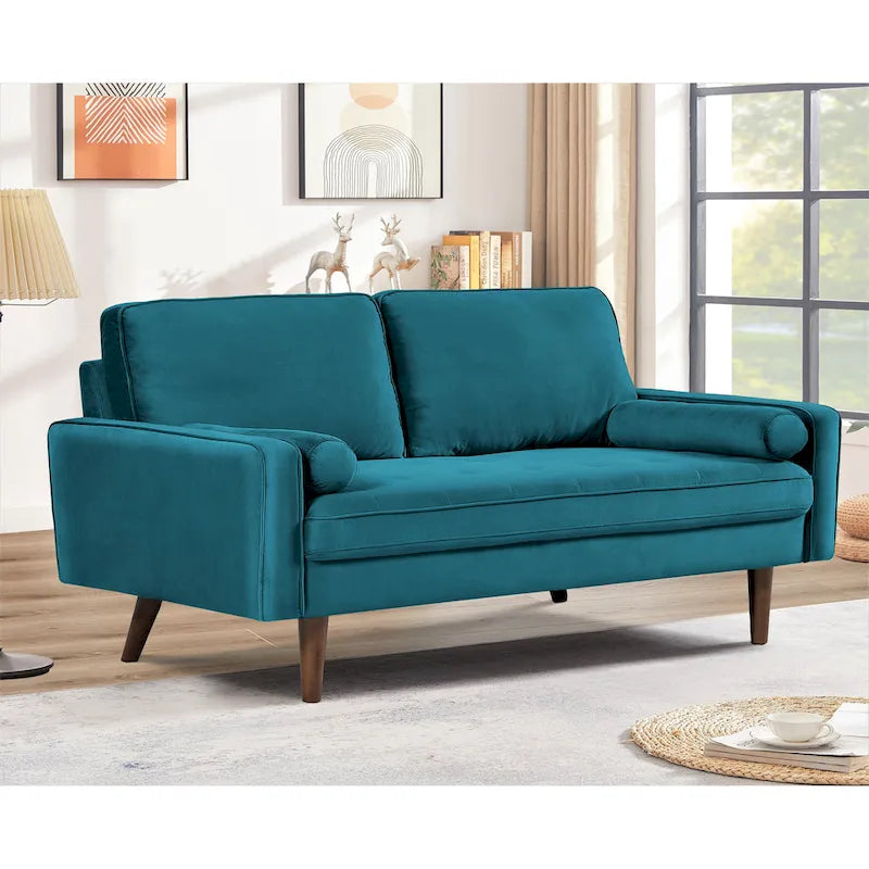Loveseat im Mid-Century-Stil aus Samt mit Knopfheftung, Holzbeinen und Nackenrollen