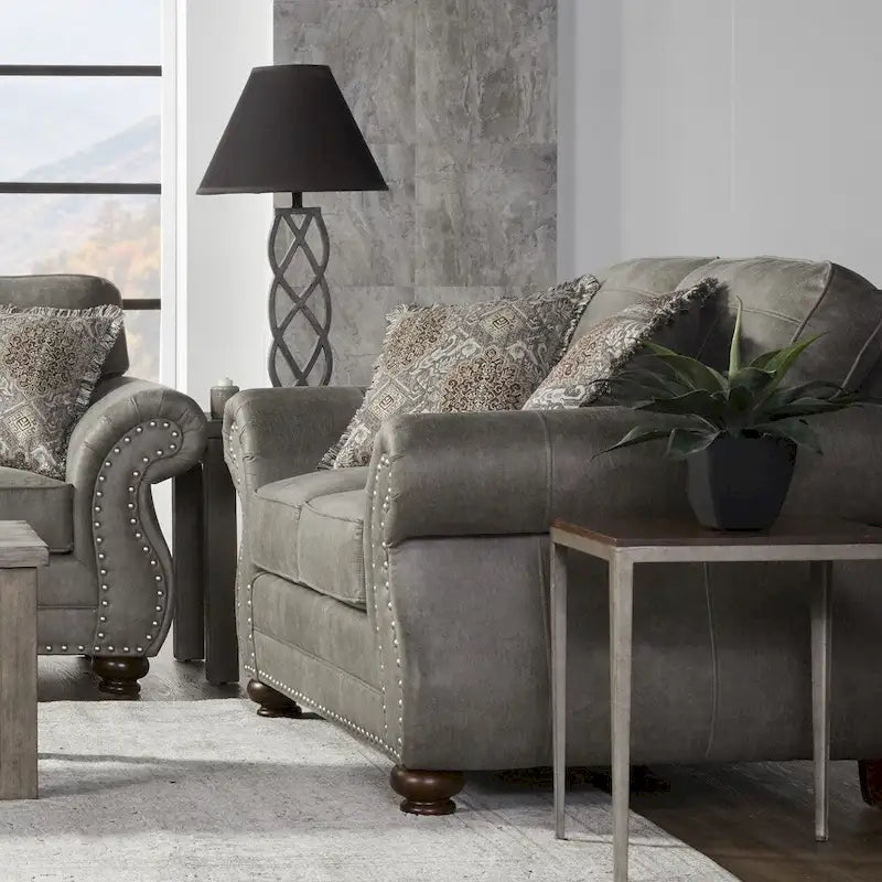 Stone Grey Faux Leather Loveseat with Nailhead Trim & Wood Bun Feet