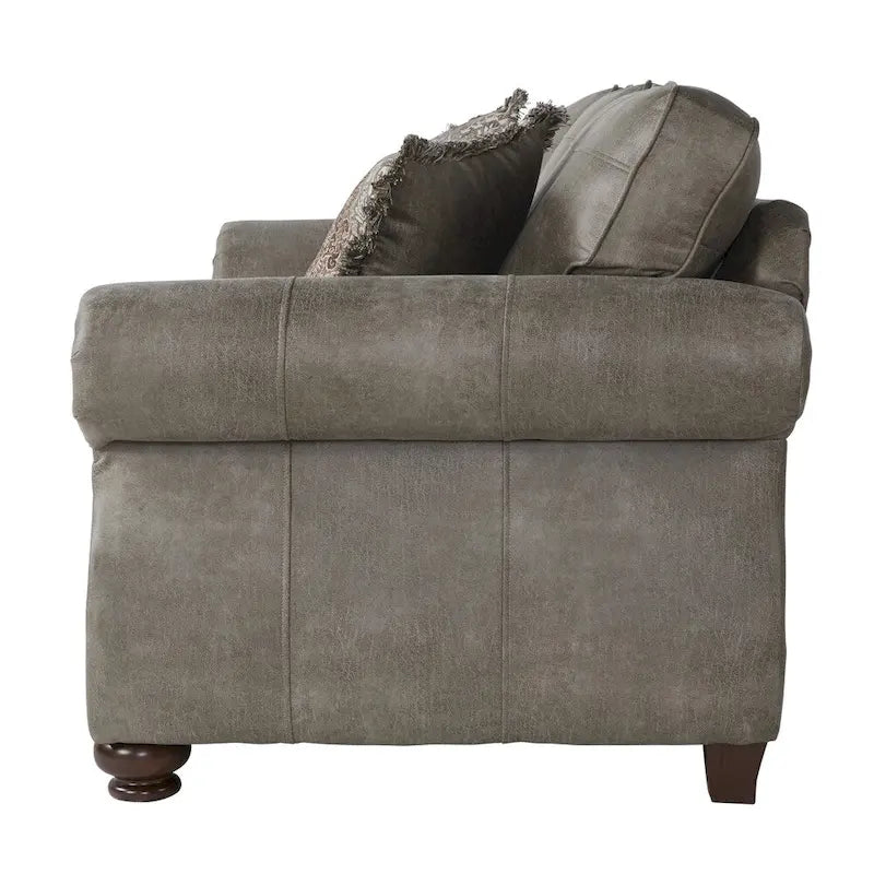 Loveseat aus steingrauem Kunstleder mit Nagelkopfbesatz und Holzfüßen in Bun-Form