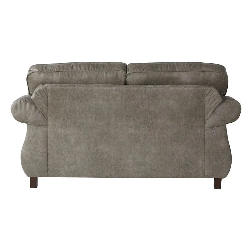 Loveseat aus steingrauem Kunstleder mit Nagelkopfbesatz und Holzfüßen in Bun-Form