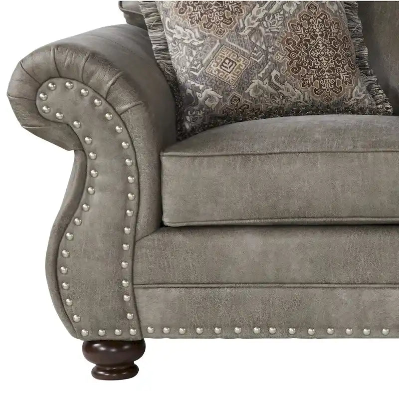 Loveseat aus steingrauem Kunstleder mit Nagelkopfbesatz und Holzfüßen in Bun-Form