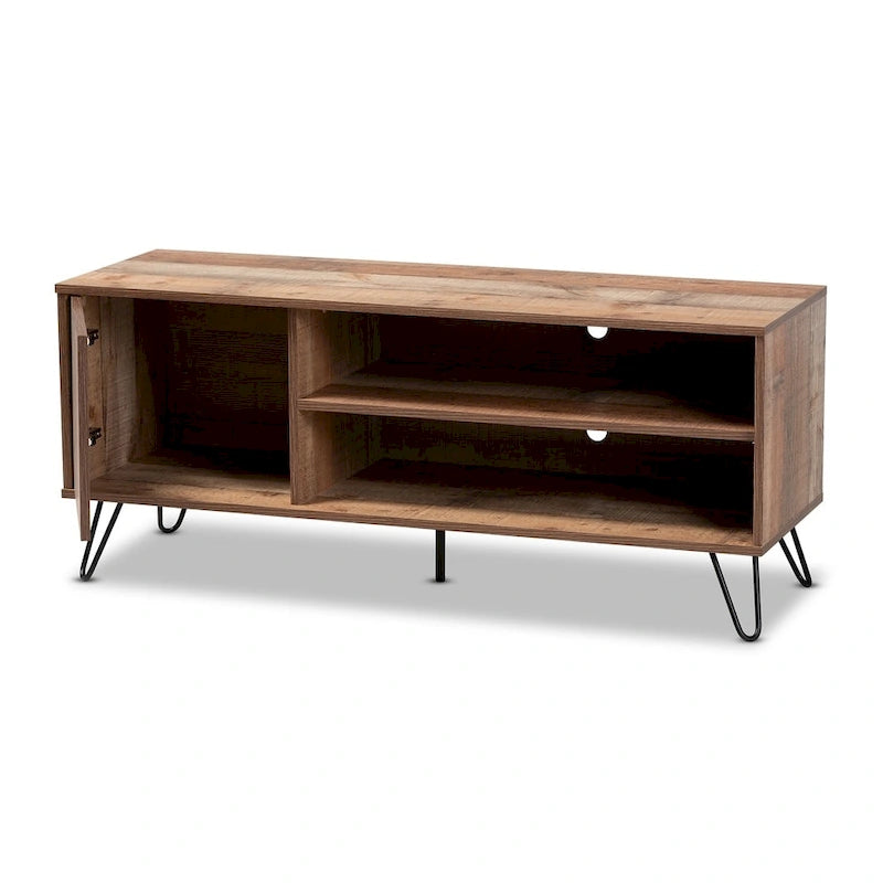Single-Door TV Stand with Rustic Oak Finish & Black Hairpin Legs