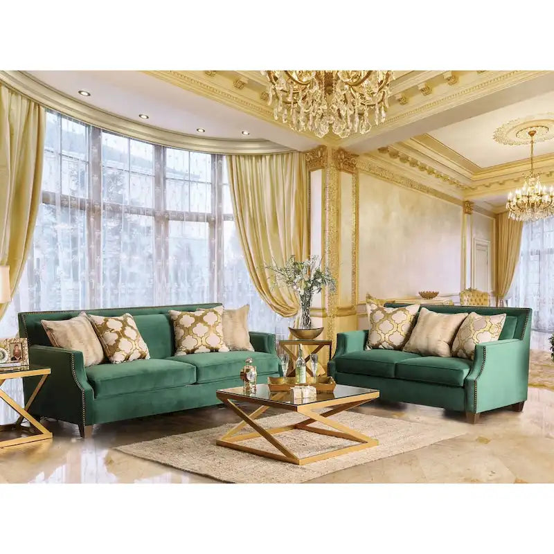 Canapé en microfibre vert émeraude avec bordure de clous dorés