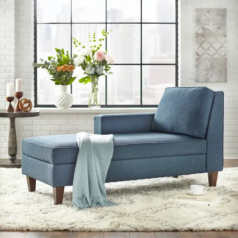 Upholstered Storage Chaise Lounge with Single Arm & Walnut Legs