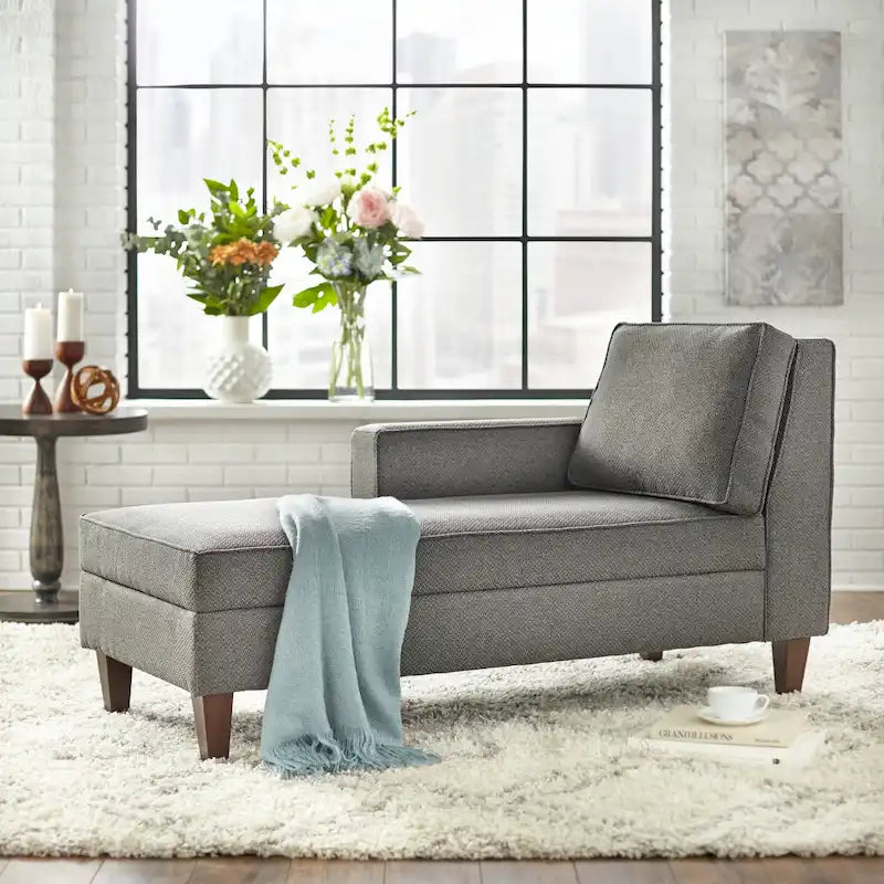 Upholstered Storage Chaise Lounge with Single Arm & Walnut Legs